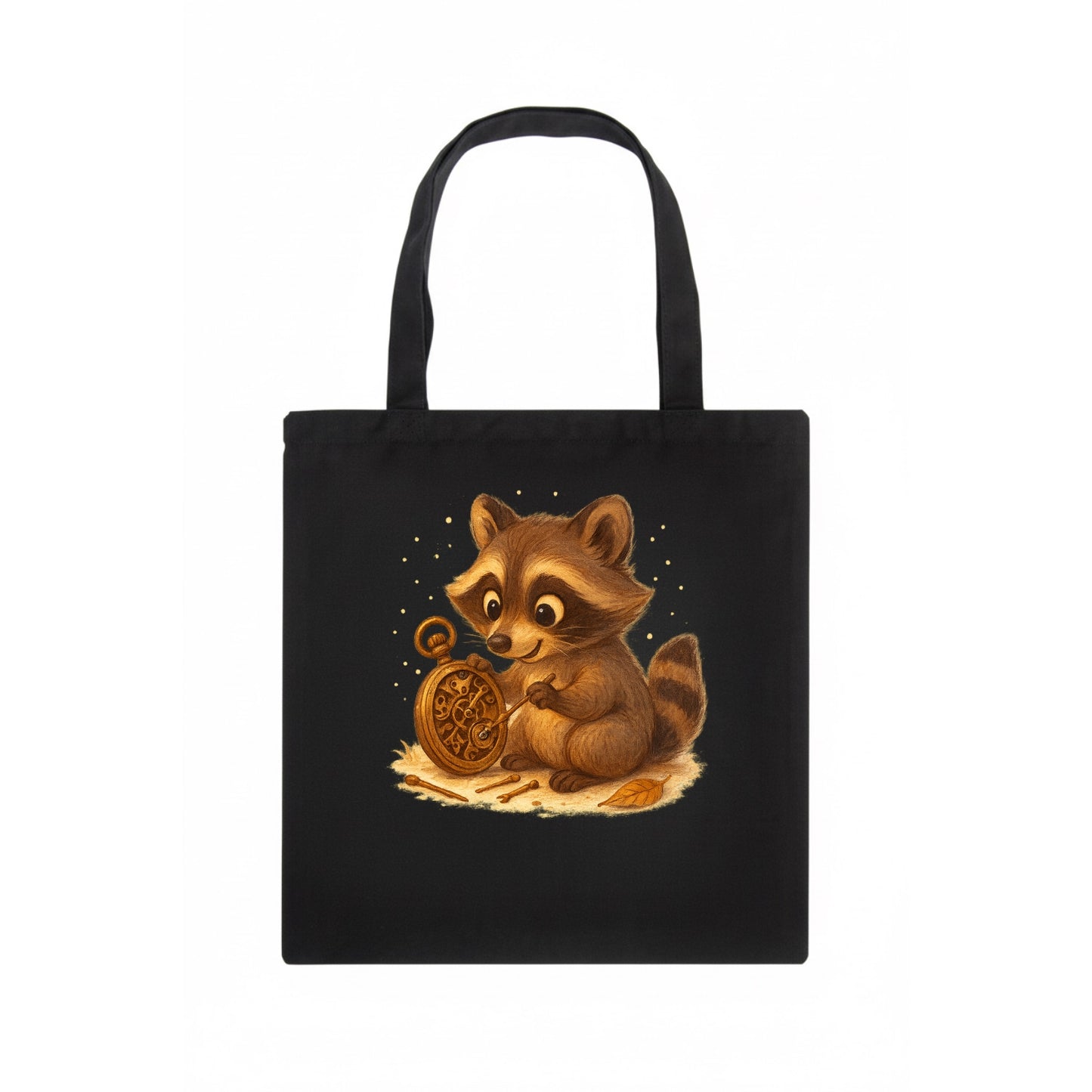 Raccoon tinkering with a steampunk pocket watch using tiny brass tools - Tote Bag - dark