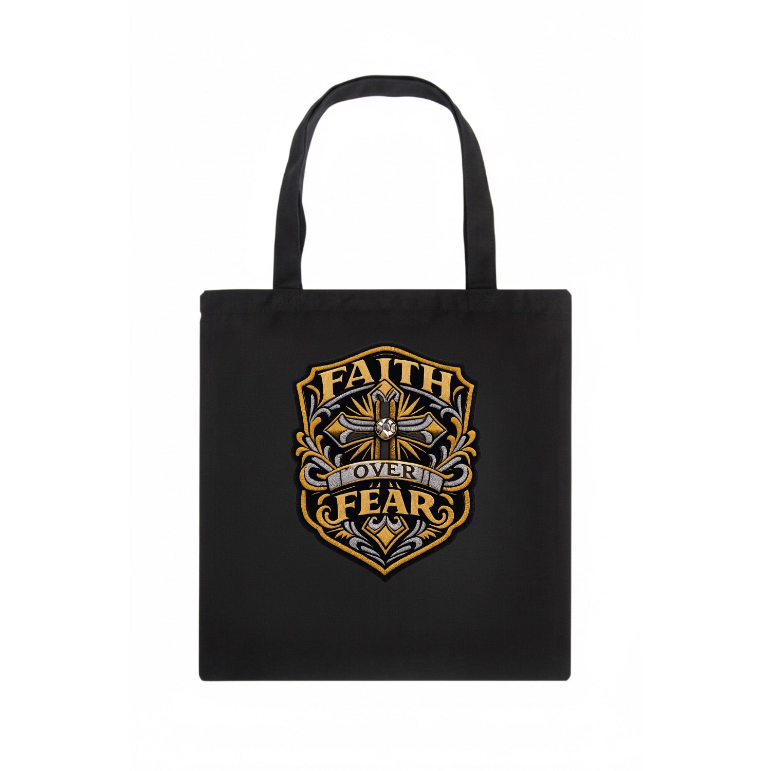FAITH OVER FEAR - cross with text in gold , spiritual strength - Tote Bag - dark