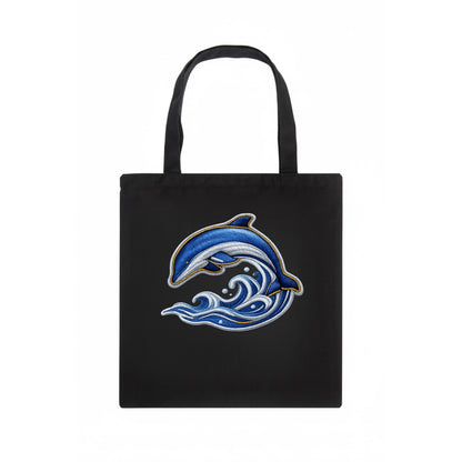 Embroidered patch design - SWIMMING DOLPHIN - diving dolphin with waves in blue and - Tote Bag - dark