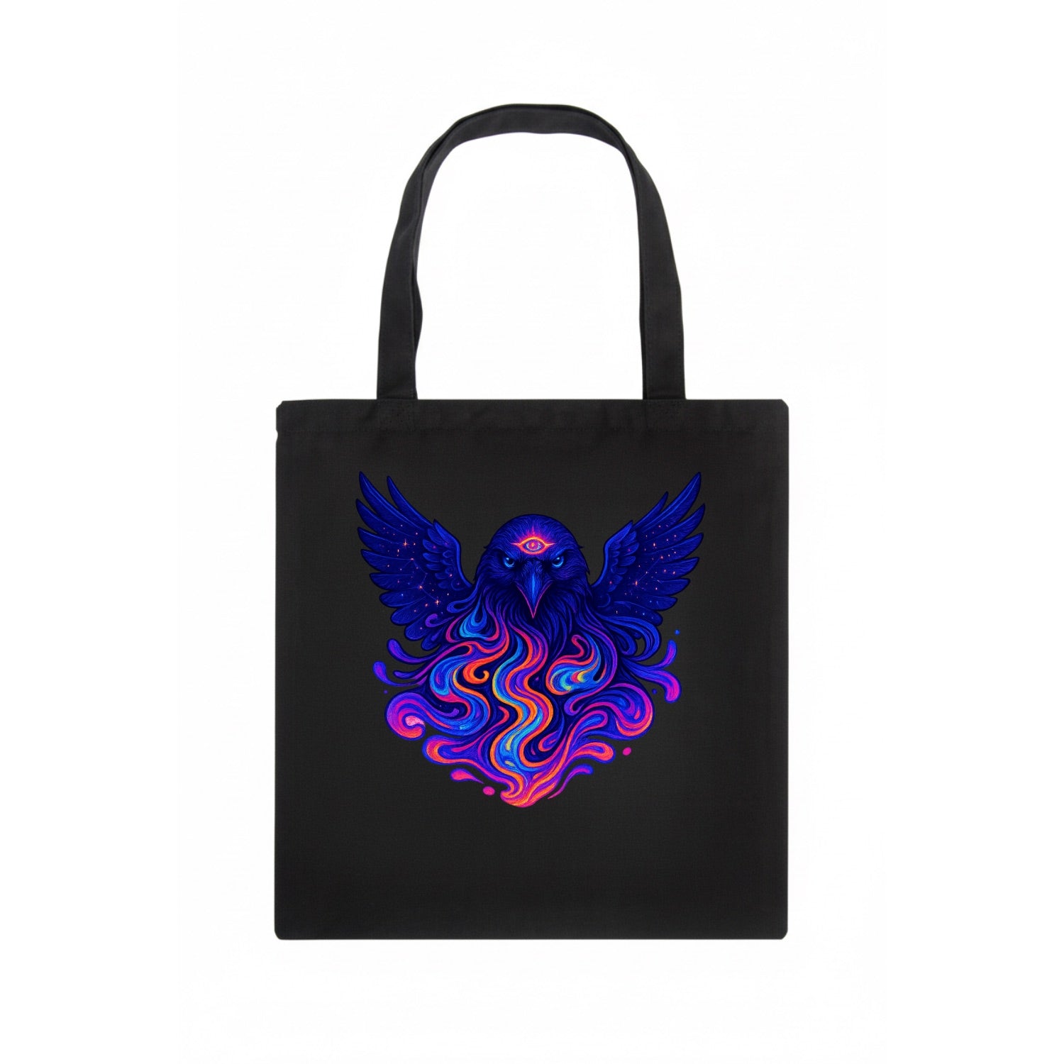Mysterious raven with feathers showing future visions in neon colors, wings spread with - Tote Bag - dark