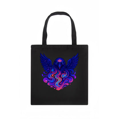 Mysterious raven with feathers showing future visions in neon colors, wings spread with - Tote Bag - dark