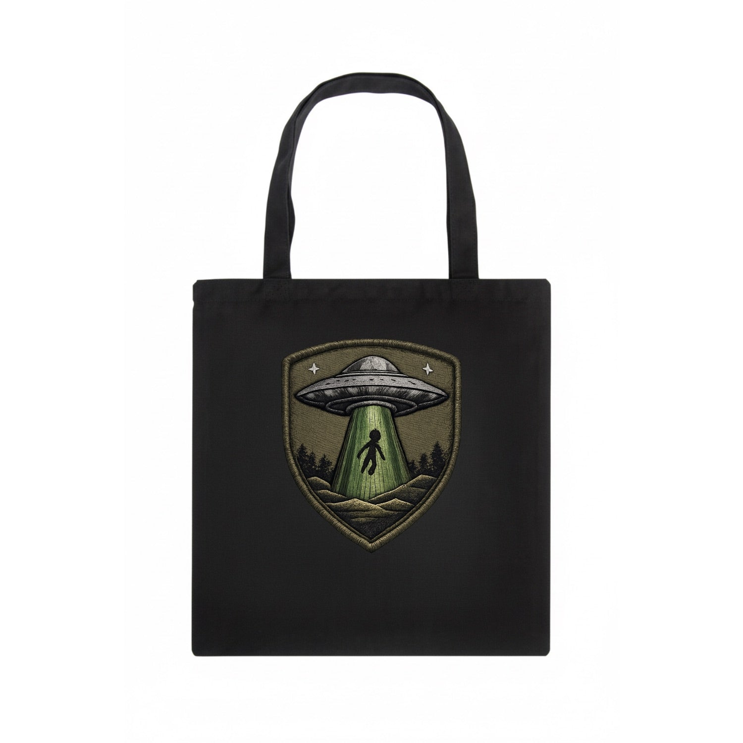 UFO ALIEN - flying saucer with beam in silver and green , extraterrestrial - Tote Bag - dark