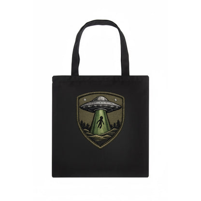 UFO ALIEN - flying saucer with beam in silver and green , extraterrestrial - Tote Bag - dark