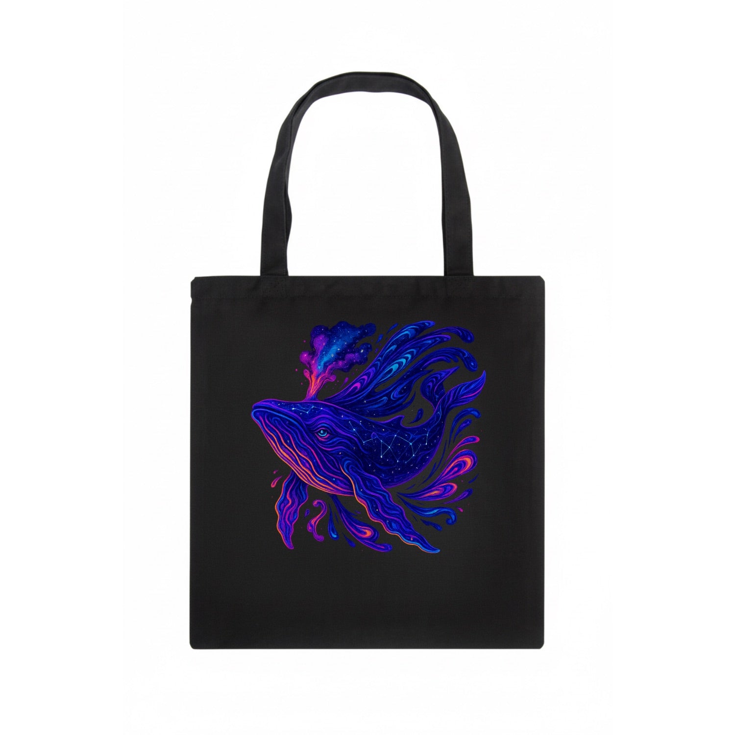Majestic whale with body composed of galaxy clusters, stellar fins flowing like cosmic - Tote Bag - dark