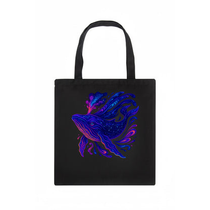 Majestic whale with body composed of galaxy clusters, stellar fins flowing like cosmic - Tote Bag - dark