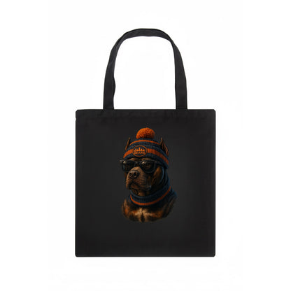 Chicago Pitbull wearing Bears beanie with skyline patch and wayfarer sunglasses - Tote Bag - dark