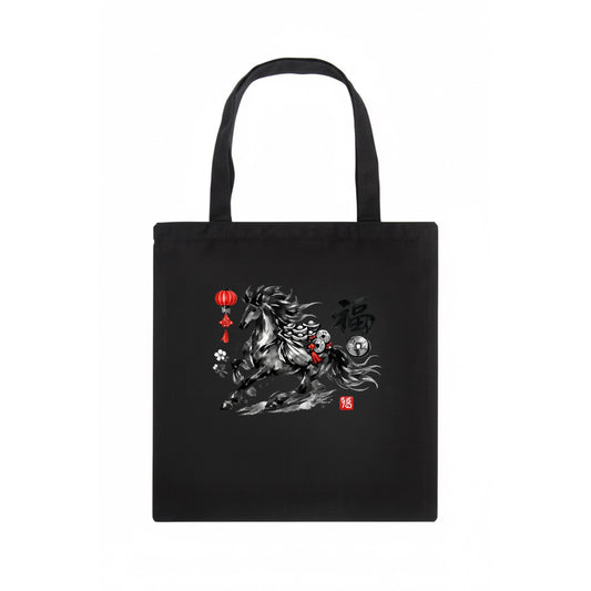 PROSPERITY HORSE | Horse carrying gold ingots and coins | Chinese knot decorations | Red - Tote Bag - dark