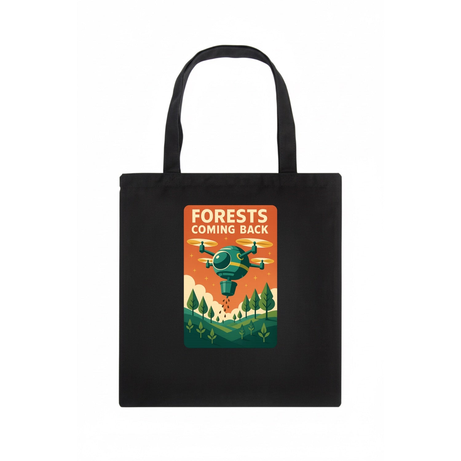 Reforestation drone planting millions of trees - "Forests Coming Back" - nature - Tote Bag - dark