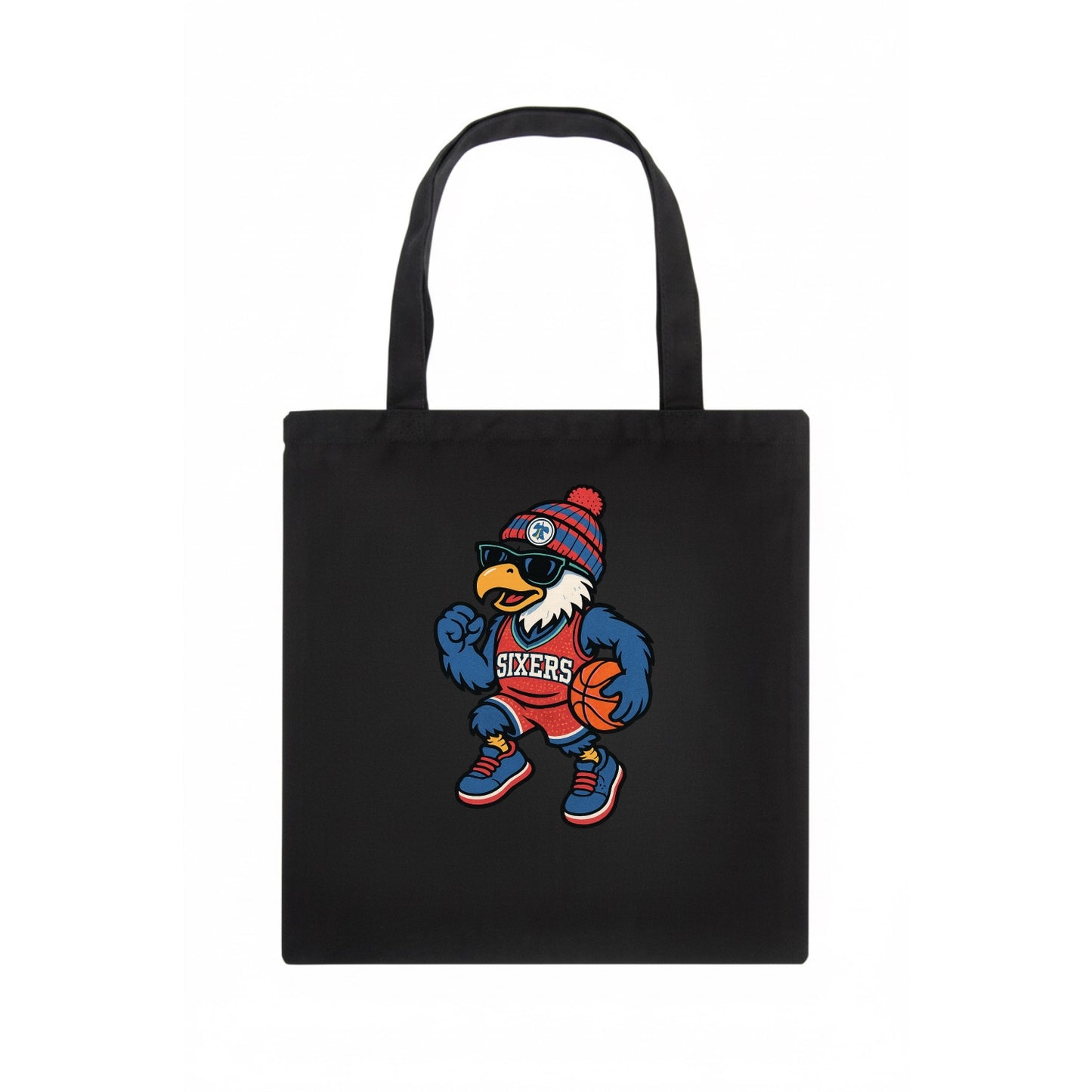 Philadelphia Eagle wearing 76ers red white and blue beanie with bell patch and wayfarer - Tote Bag - dark