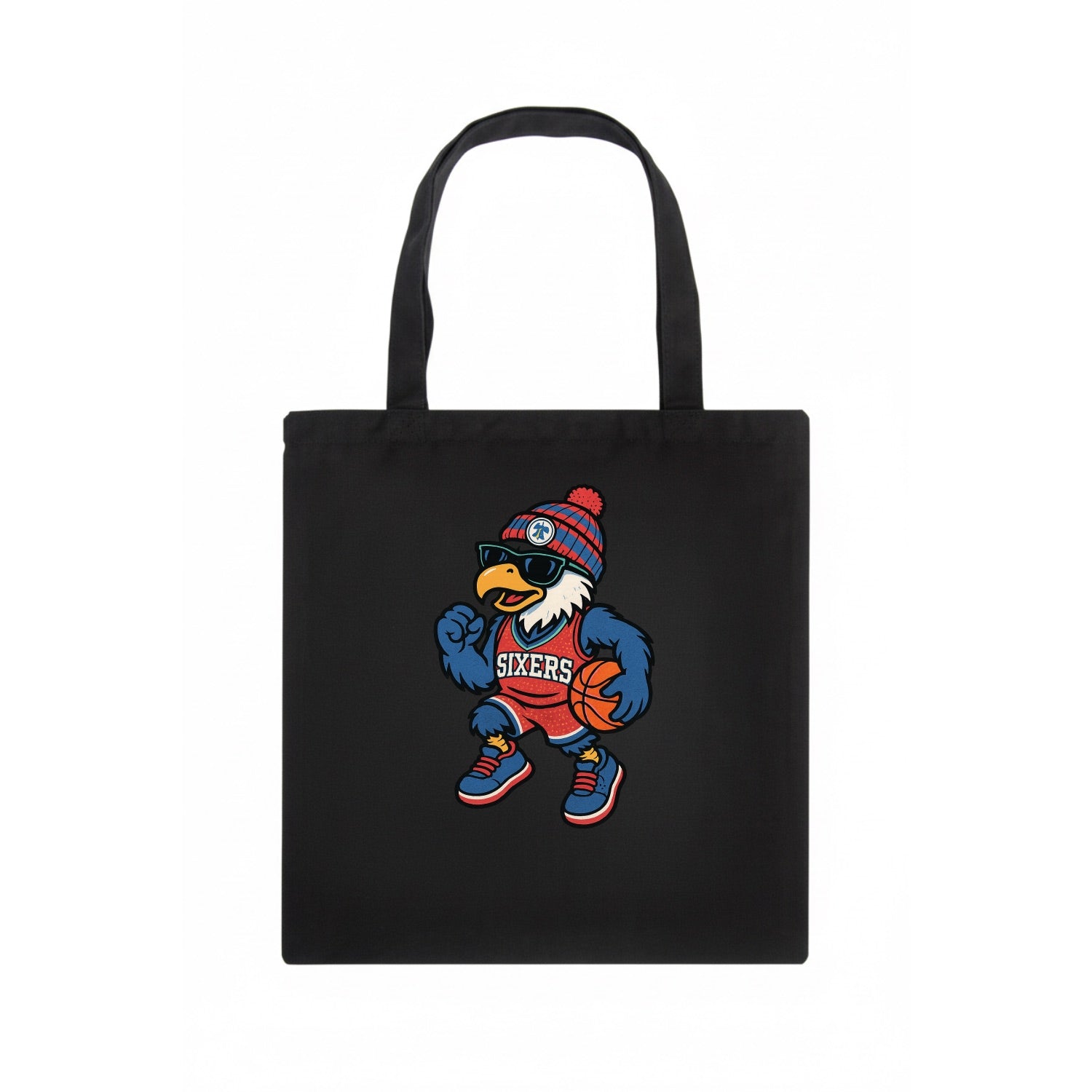 Philadelphia Eagle wearing 76ers red white and blue beanie with bell patch and wayfarer - Tote Bag - dark