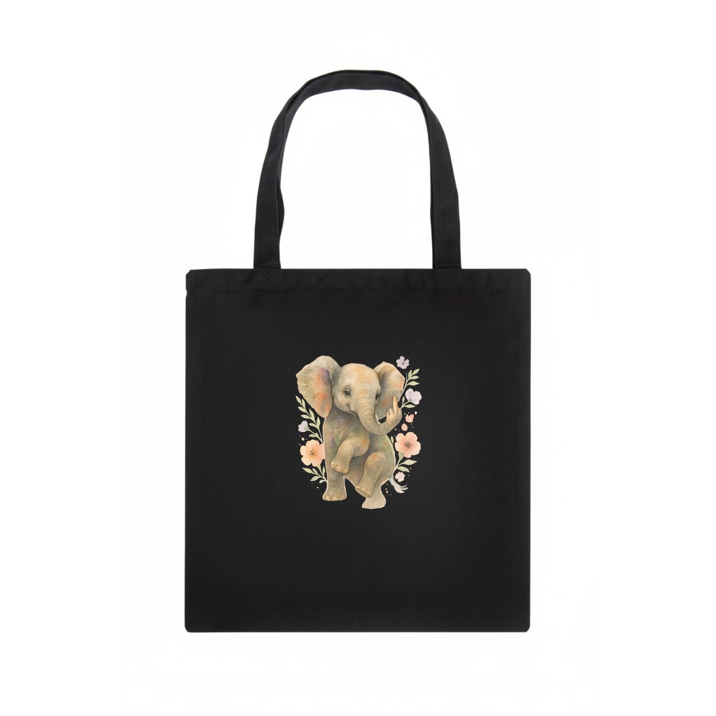 baby elephant with trunk up, one foot raised with middle toe extended - Tote Bag - dark