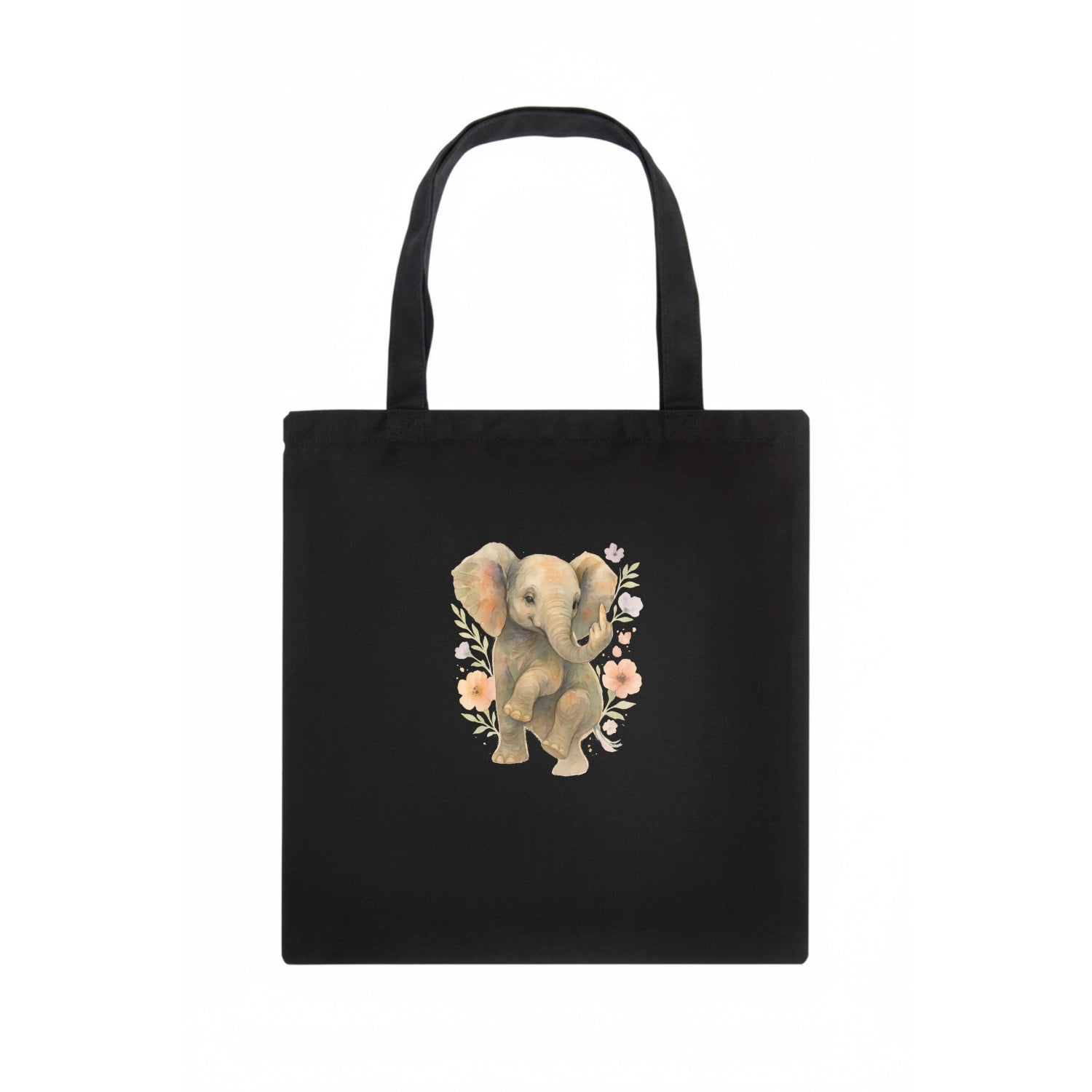 baby elephant with trunk up, one foot raised with middle toe extended - Tote Bag - dark