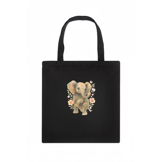 baby elephant with trunk up, one foot raised with middle toe extended - Tote Bag - dark