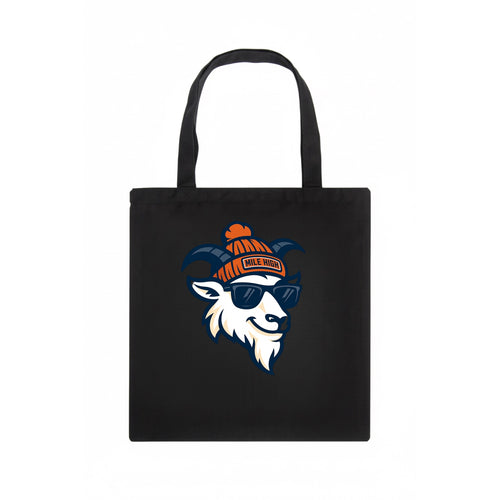 Denver Mountain Goat wearing Broncos beanie with Mile High patch and wayfarer sunglasses - Tote Bag