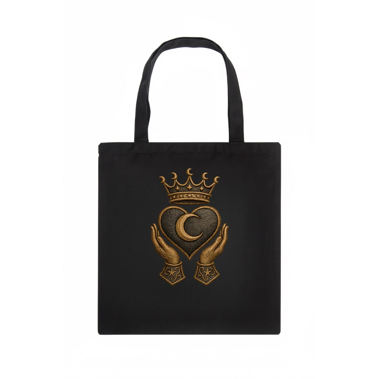 Moonlit crescent crown cradling a hematite heart with stargazer hands cupped beneath. - Tote Bag - dark