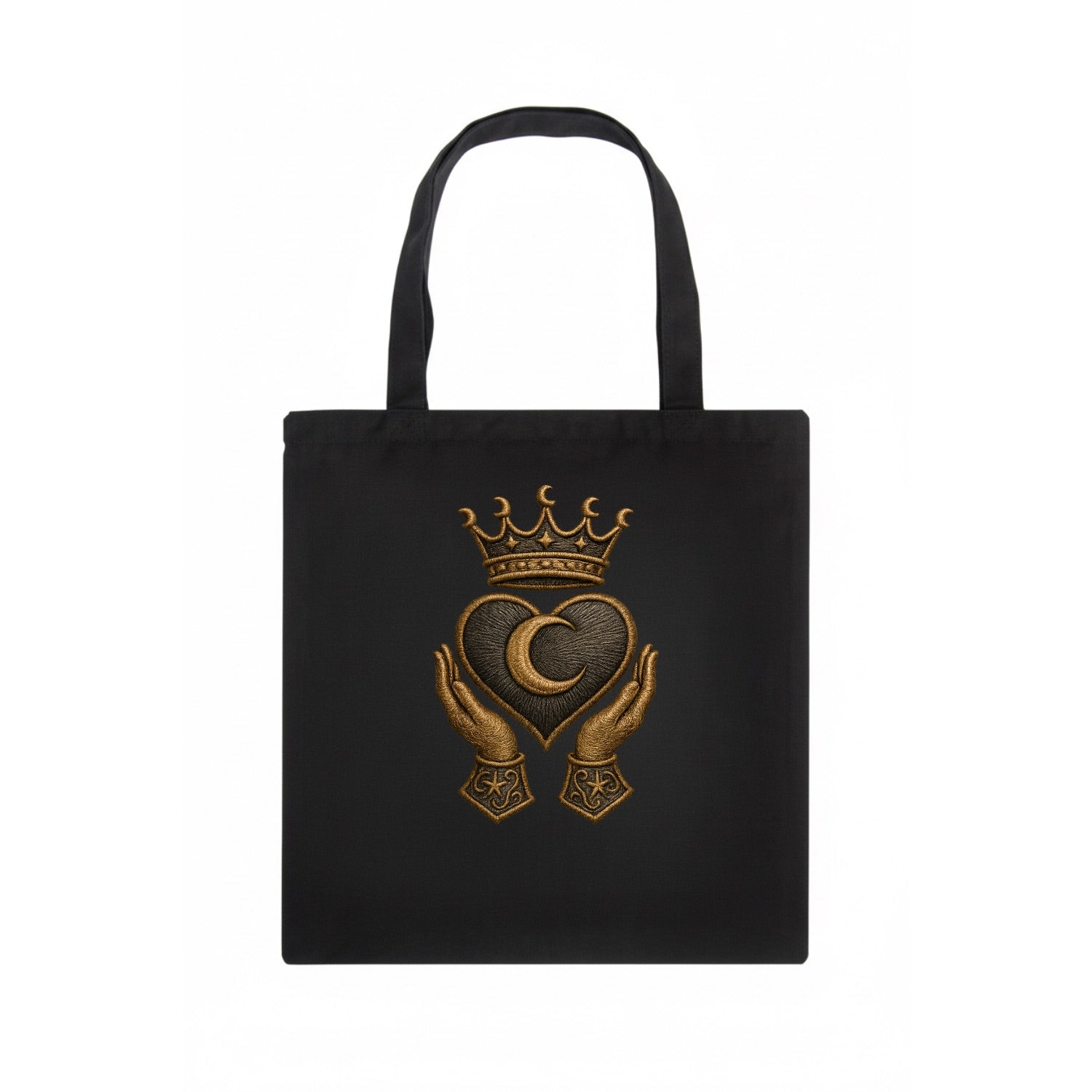 Moonlit crescent crown cradling a hematite heart with stargazer hands cupped beneath. - Tote Bag - dark