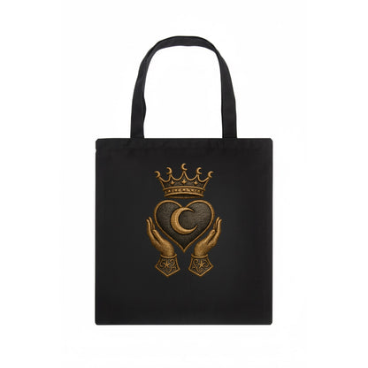 Moonlit crescent crown cradling a hematite heart with stargazer hands cupped beneath. - Tote Bag - dark