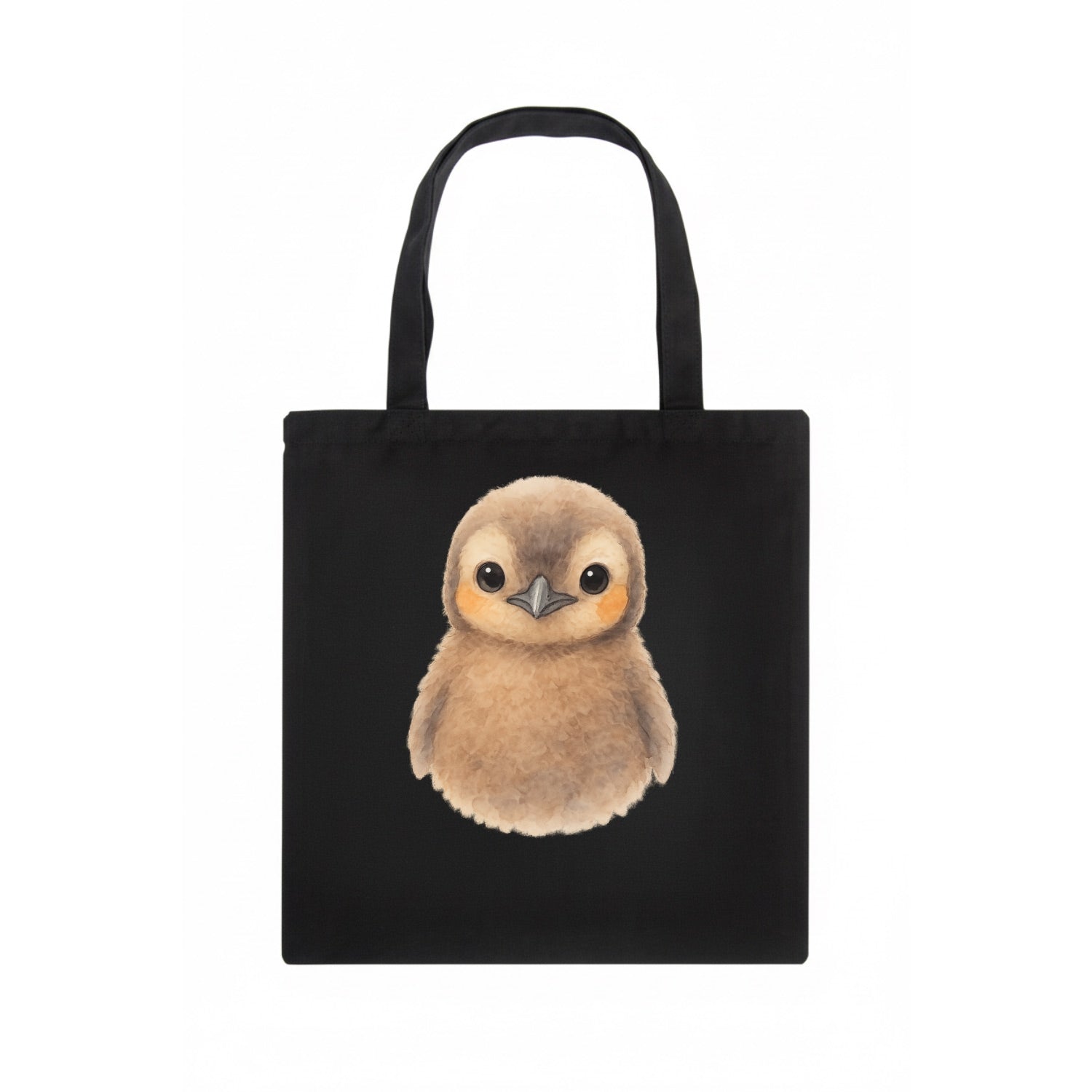 Baby King Penguin - orange cheek patches, fluffy brown, large eyes, front-facing, regal - Tote Bag - dark