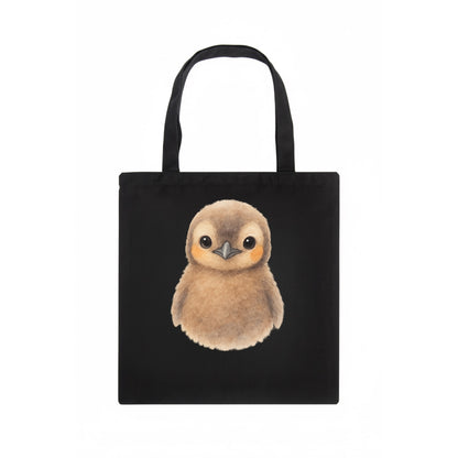 Baby King Penguin - orange cheek patches, fluffy brown, large eyes, front-facing, regal - Tote Bag - dark