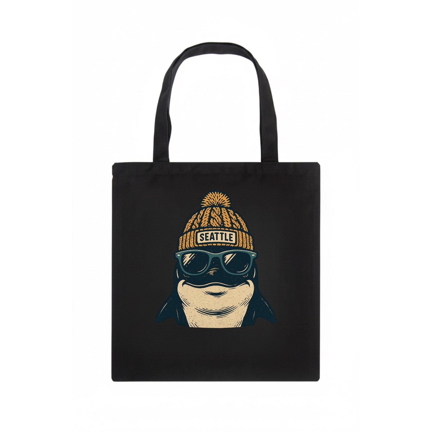 Seattle Orca wearing Seattle beanie with pom pom and wayfarer sunglasses - Tote Bag - dark