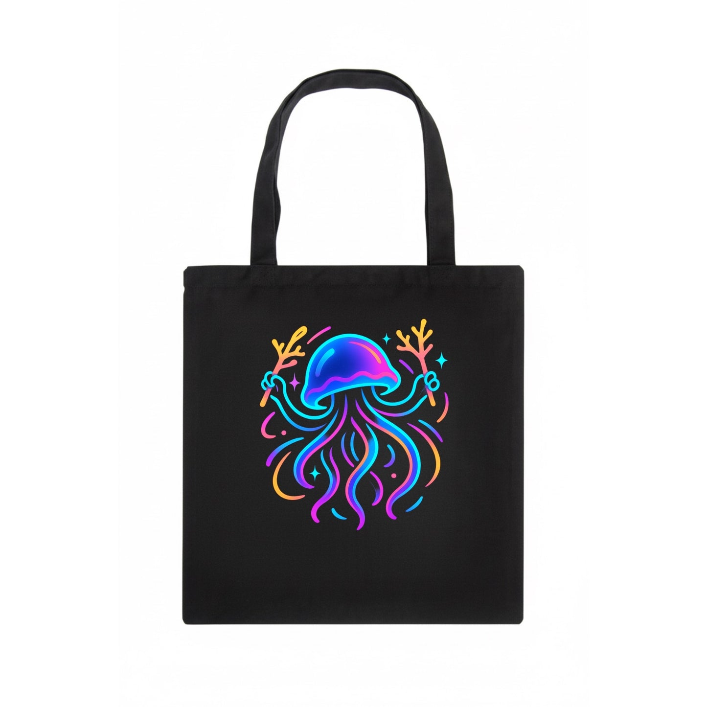 Jellyfish conducting a glow orchestra using coral batons in deep ocean concert hall - Tote Bag - dark