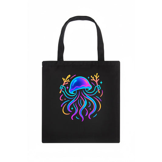 Jellyfish conducting a glow orchestra using coral batons in deep ocean concert hall - Tote Bag - dark