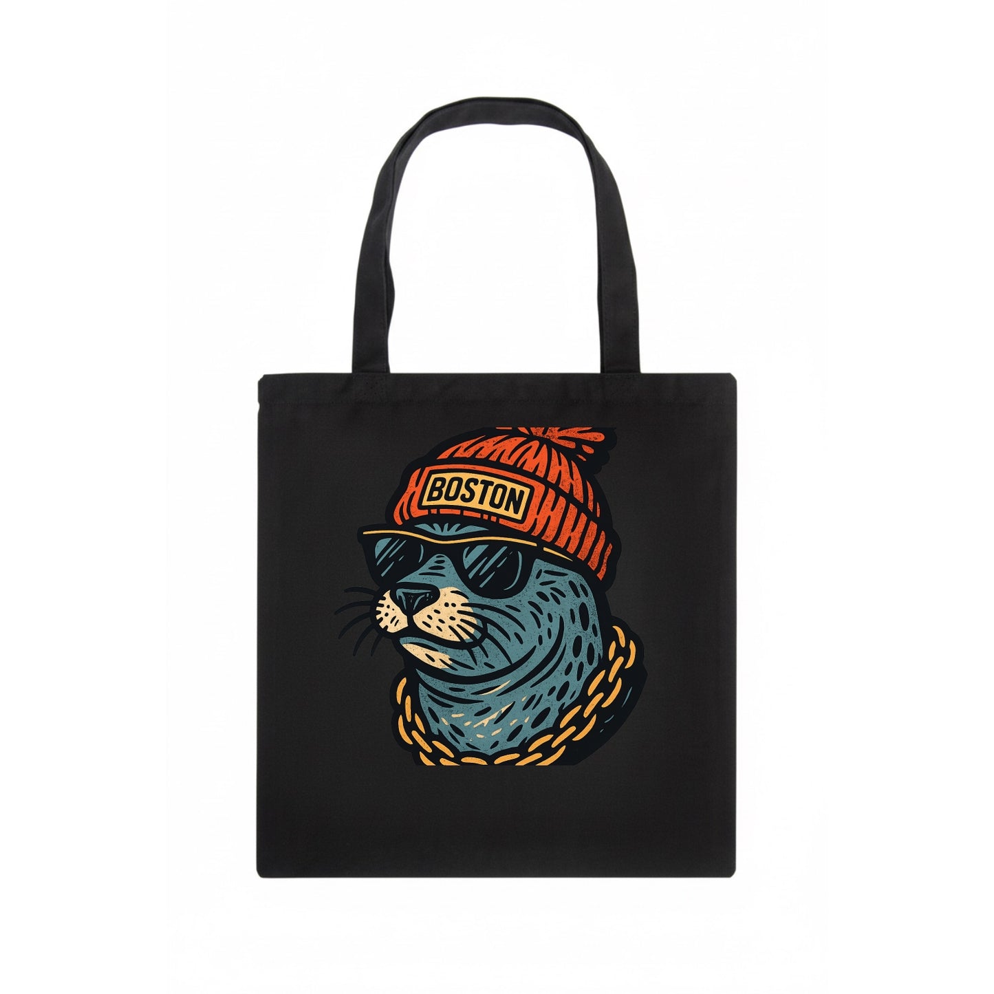 Boston Harbor Seal wearing Boston beanie with pom pom and wayfarer sunglasses - Tote Bag - dark