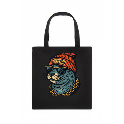 Boston Harbor Seal wearing Boston beanie with pom pom and wayfarer sunglasses - Tote Bag - dark
