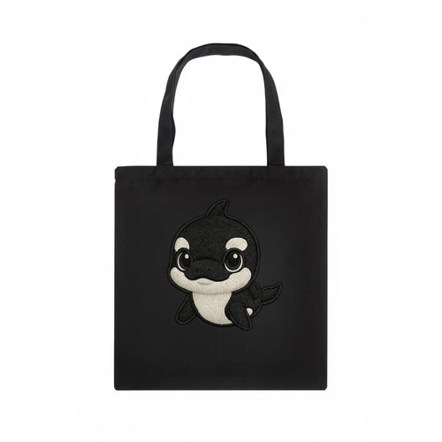Baby Orca - black and white pattern, white eye patch, front-facing, curious and adorable - Tote Bag