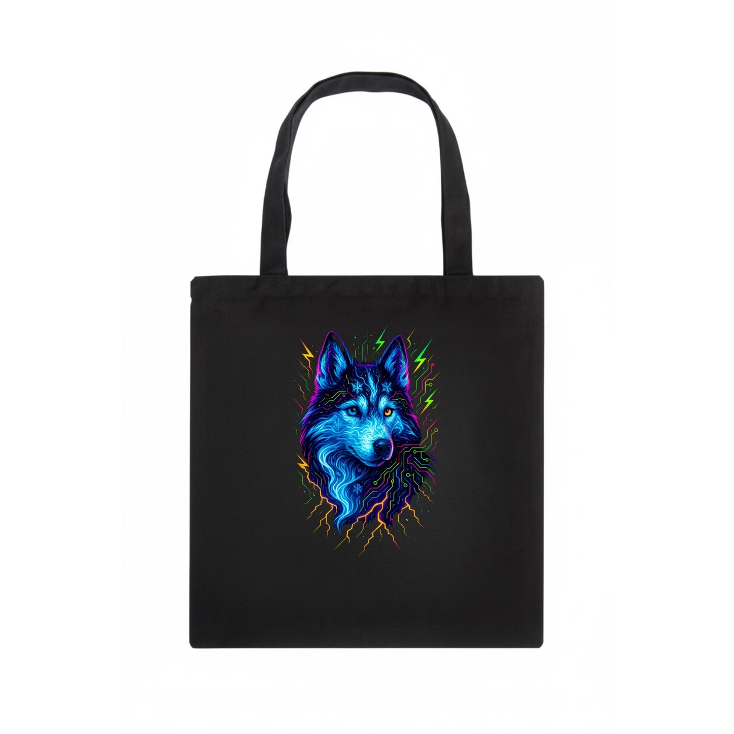 Siberian husky with ice-crystal flowing patterns, electric blue and white swirls, - Tote Bag - dark