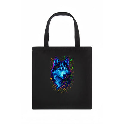 Siberian husky with ice-crystal flowing patterns, electric blue and white swirls, - Tote Bag - dark