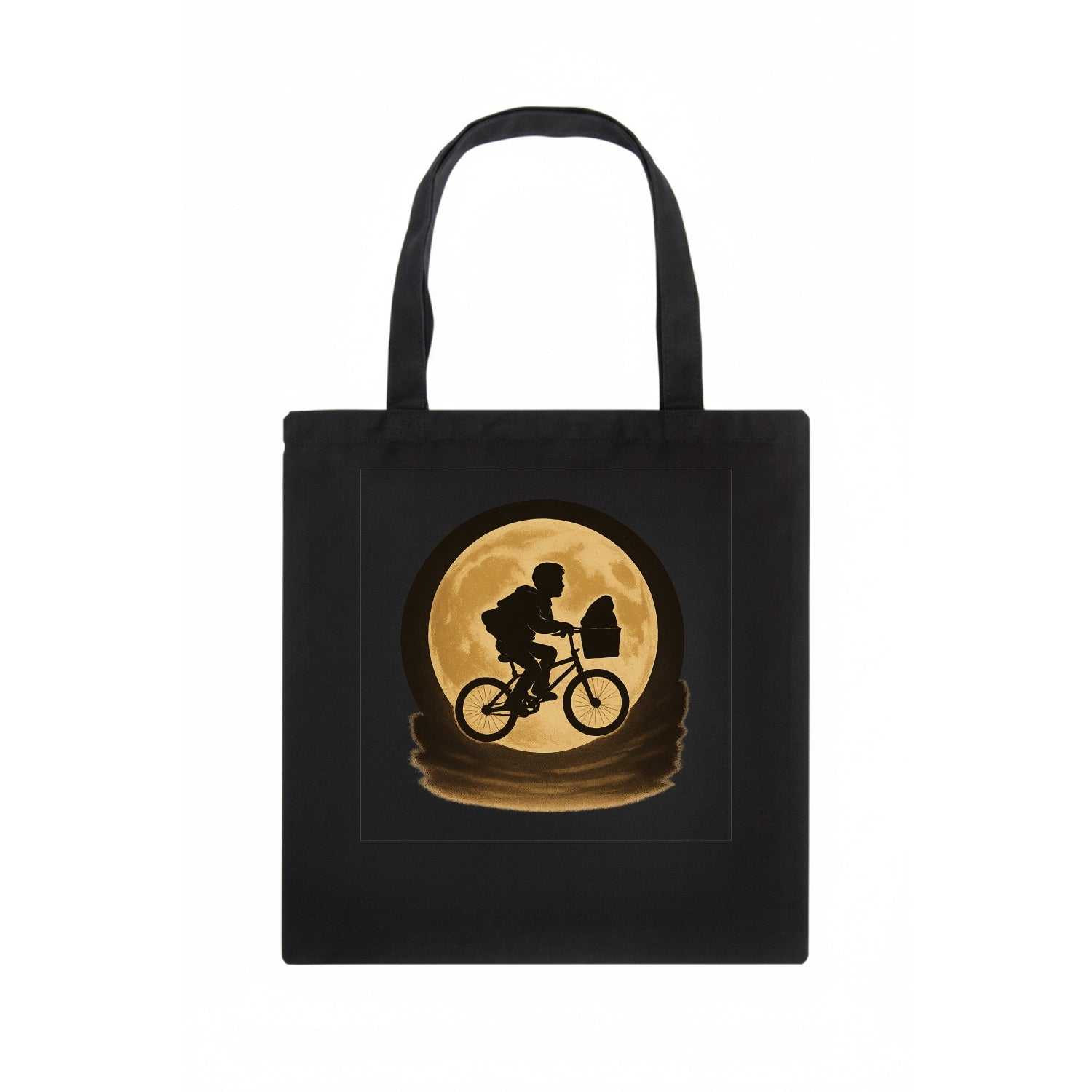 boy with bicycle flying across full moon with silhouette - Tote Bag - dark