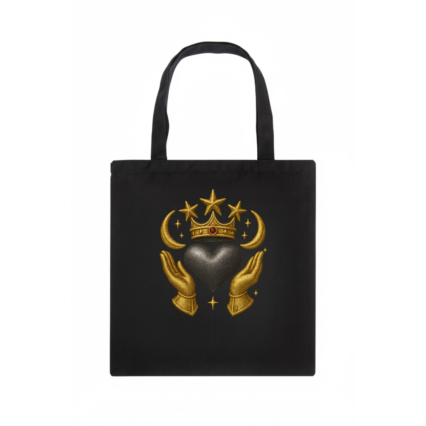 Sun goddess crown radiating golden rays over a midnight heart with henna-adorned hands. - Tote Bag - dark
