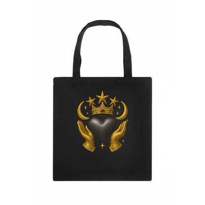 Sun goddess crown radiating golden rays over a midnight heart with henna-adorned hands. - Tote Bag - dark