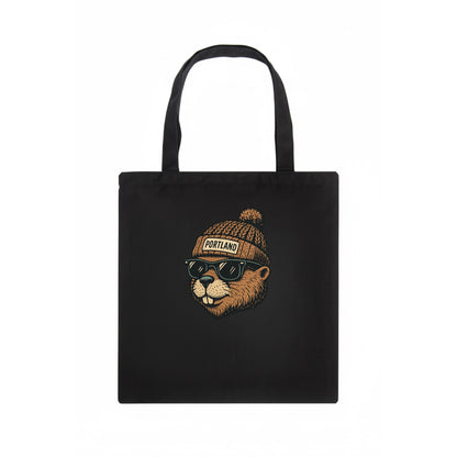 Portland Beaver wearing Portland beanie with pom pom and wayfarer sunglasses - Tote Bag - dark