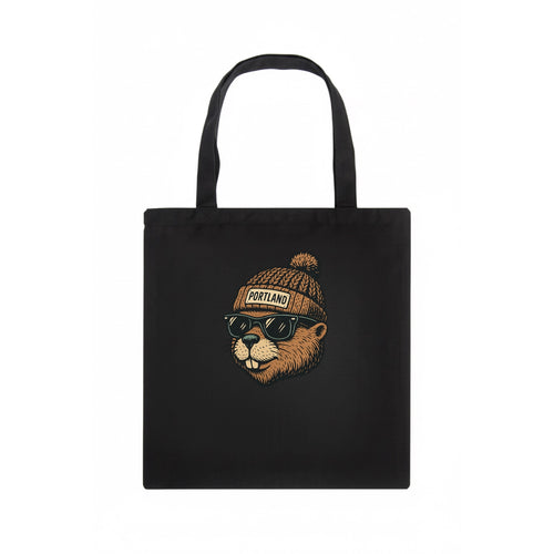 Portland Beaver wearing Portland beanie with pom pom and wayfarer sunglasses - Tote Bag