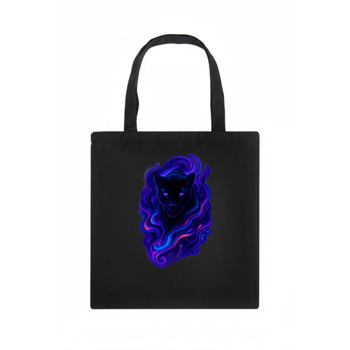 Sleek black panther emerging from swirls of deep purple and electric blue, shadow-like - Tote Bag