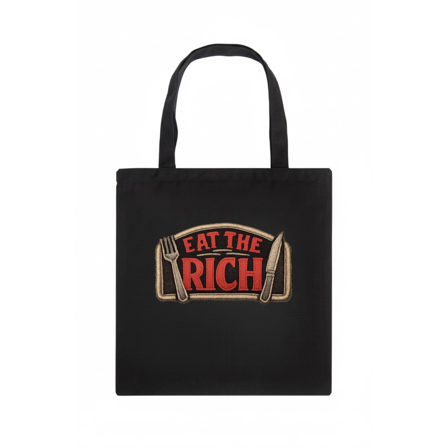 EAT THE RICH - fork and knife with text in red and silver , class war - Tote Bag - dark