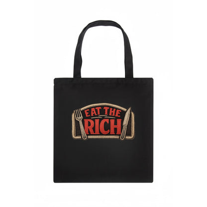 EAT THE RICH - fork and knife with text in red and silver , class war - Tote Bag - dark