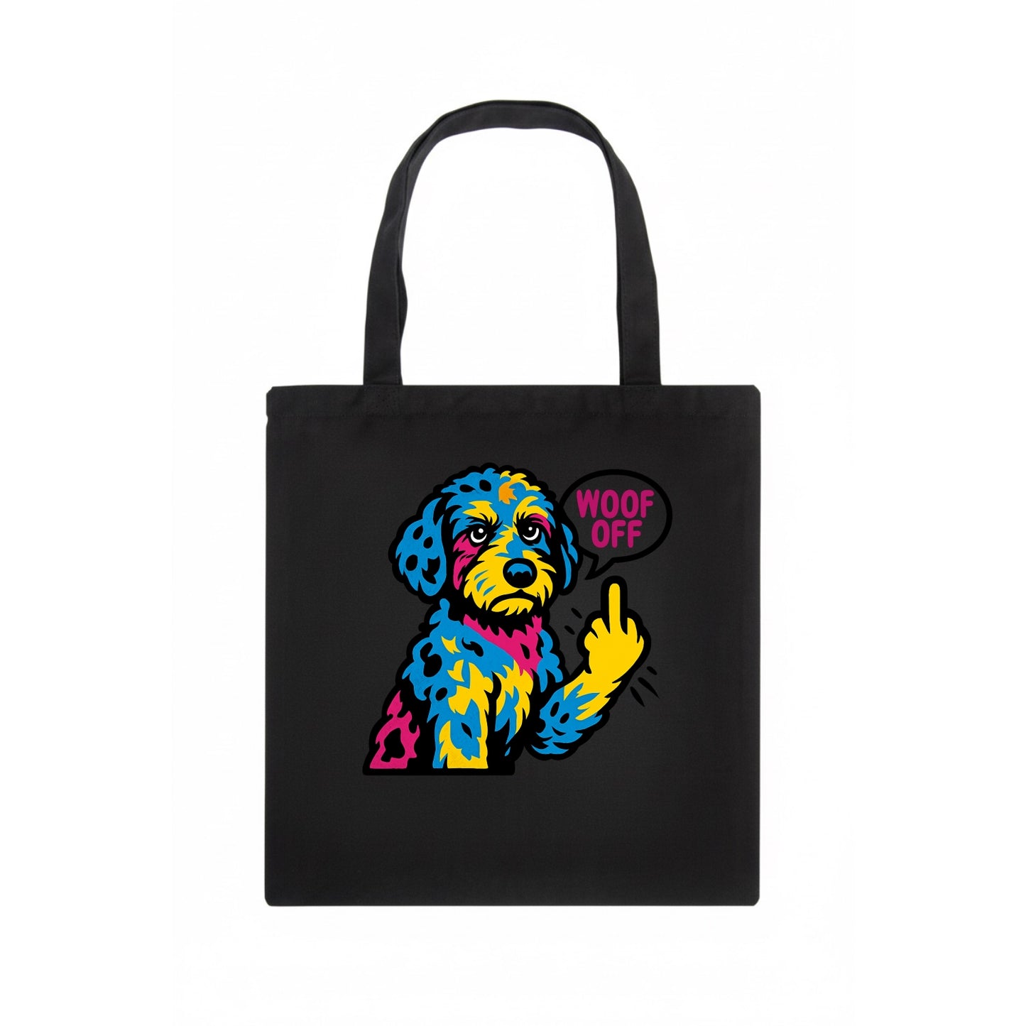 Aussiedoodle with merle patches and curly coat, playful smart paw raised - Tote Bag - dark