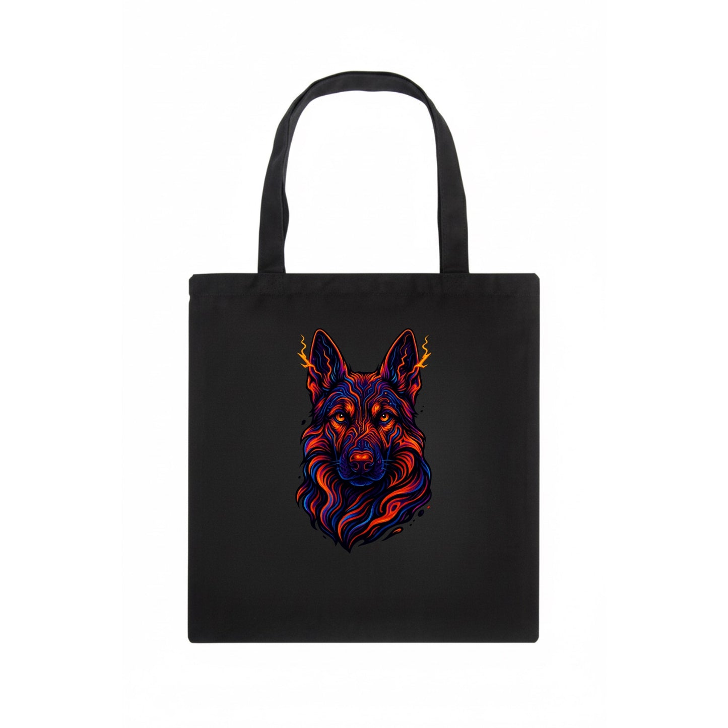 Alert German Shepherd with cyber circuit patterns in the fur, neon orange and black - Tote Bag - dark
