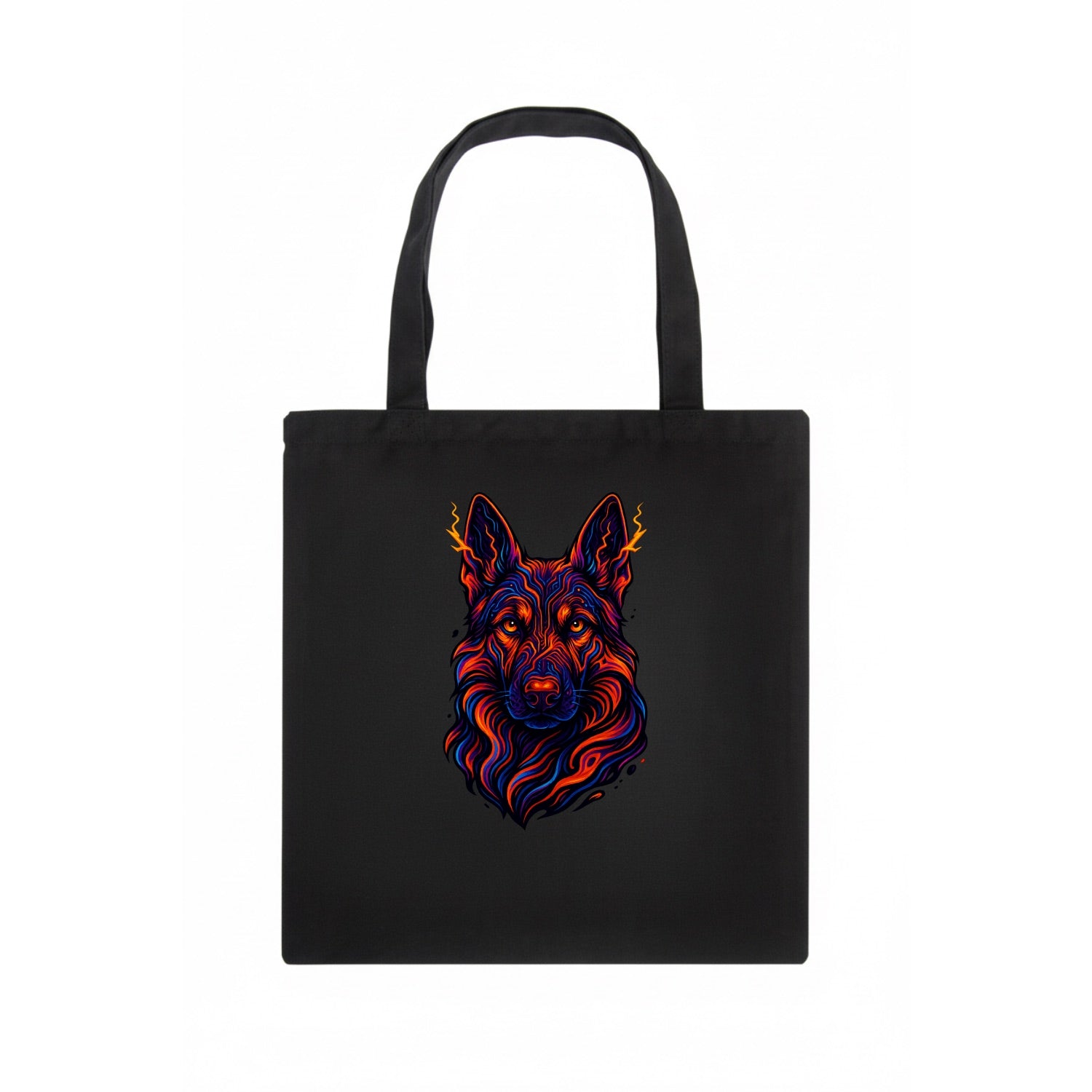 Alert German Shepherd with cyber circuit patterns in the fur, neon orange and black - Tote Bag - dark