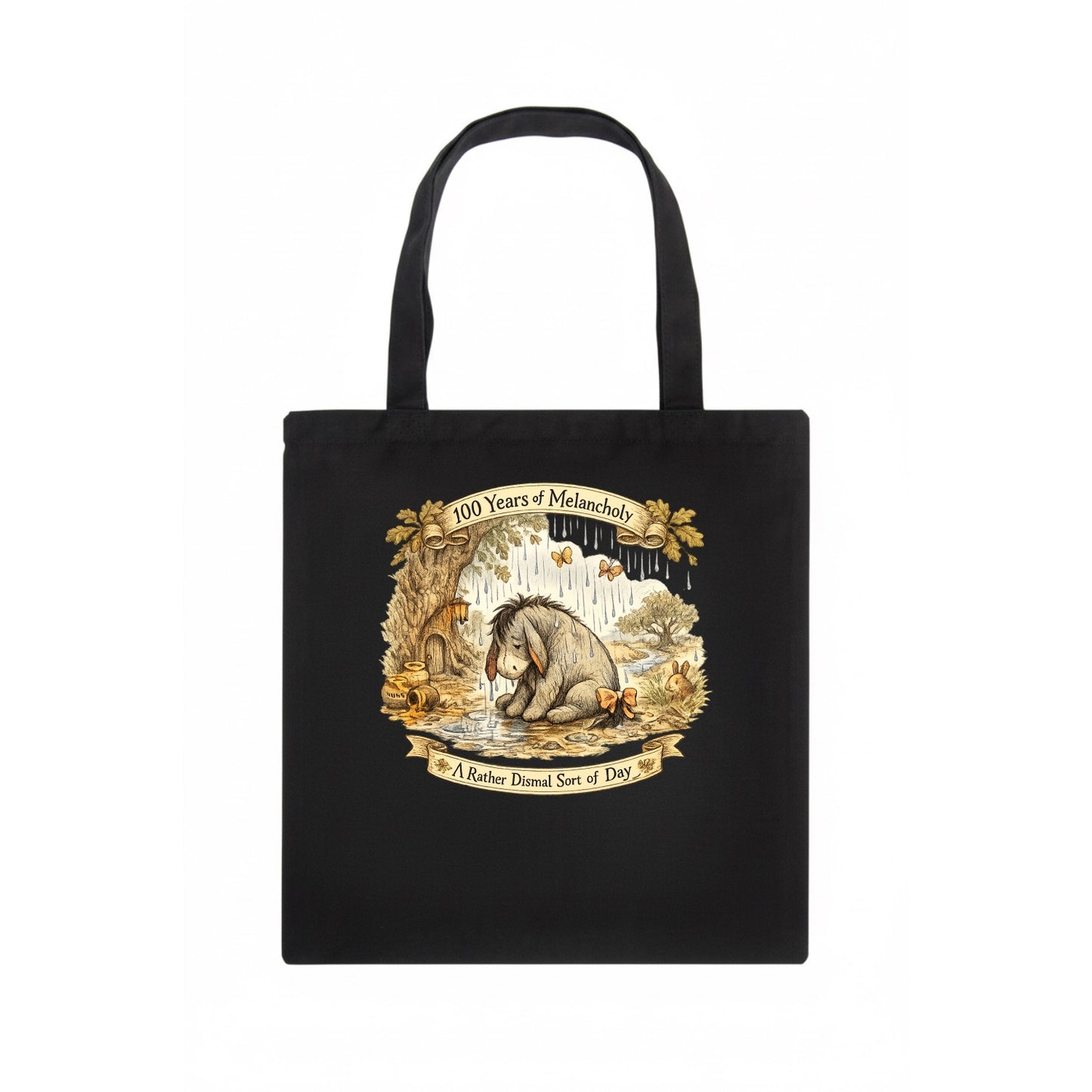 GLOOMY GLEN | Droopy figure in rain | Tattered tail bow | Pessimistic poetry | Loveable - Tote Bag - dark