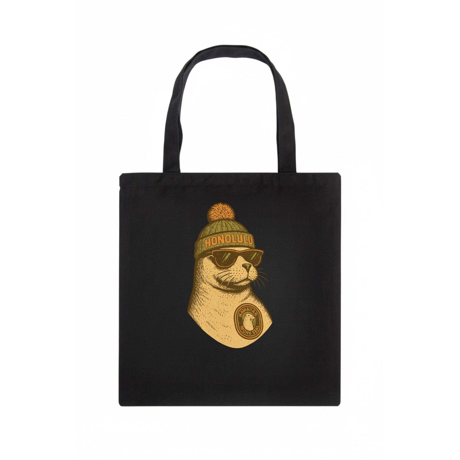 Hawaii Monk Seal wearing Honolulu beanie with pom pom and wayfarer sunglasses - Tote Bag - dark