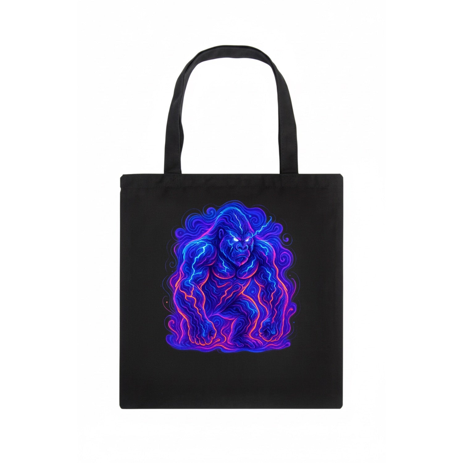 Mighty gorilla with electricity flowing through defined muscles, lightning bolt patterns - Tote Bag - dark