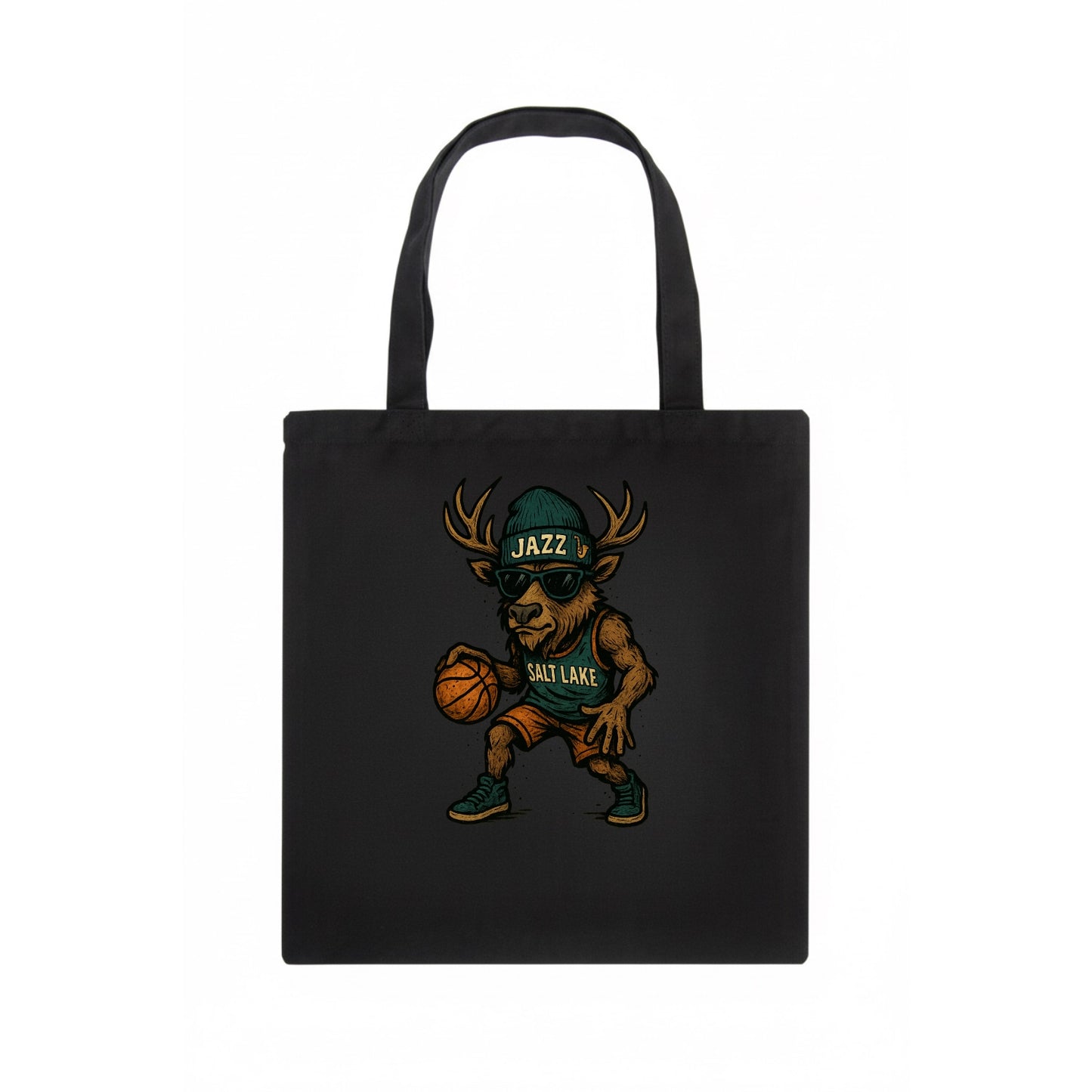 Salt Lake Elk wearing Jazz beanie with saxophone patch and wayfarer sunglasses - Tote Bag - dark