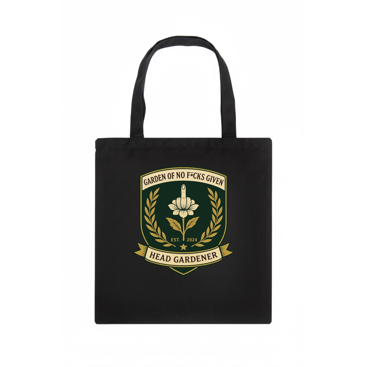 Shield with middle finger flower - "Garden of No F*cks Given - Head Gardener" - classy - Tote Bag - dark