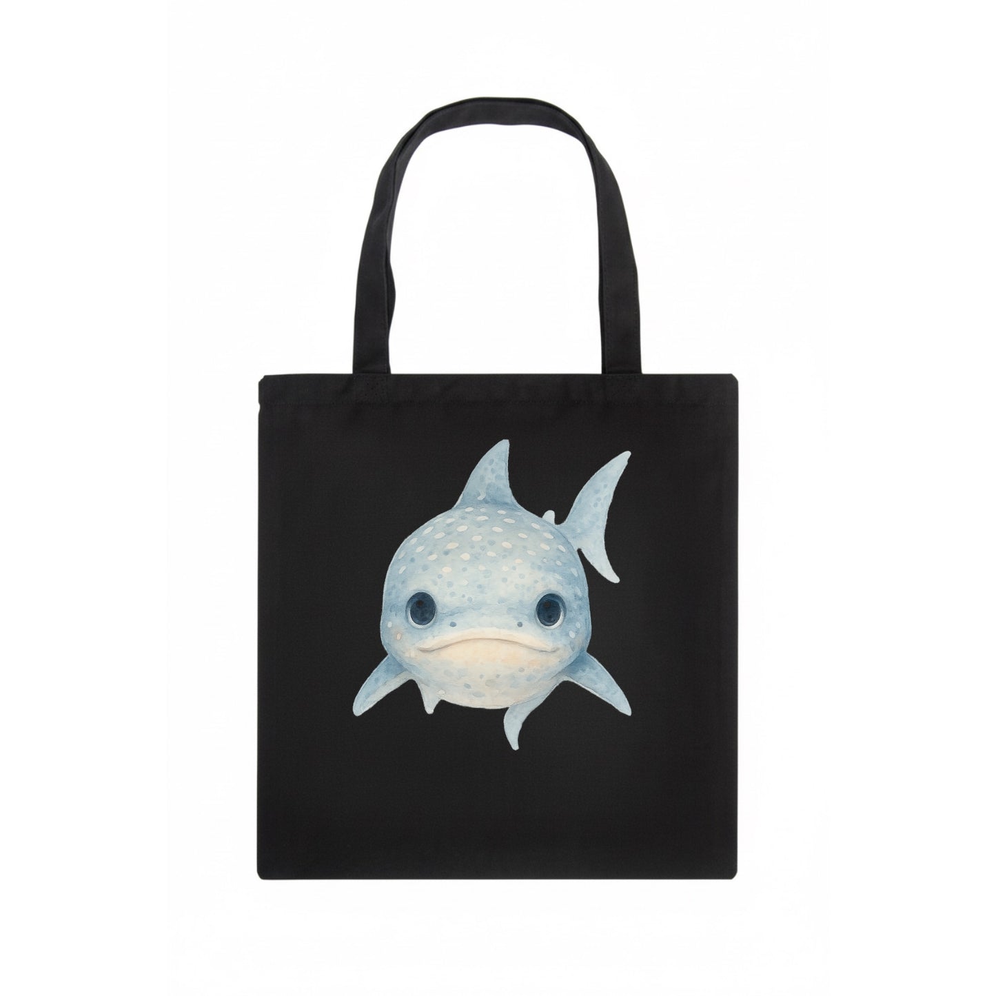 Baby Whale Shark - spotted blue-gray, wide mouth closed, tiny eyes, front-facing, gentle - Tote Bag - dark