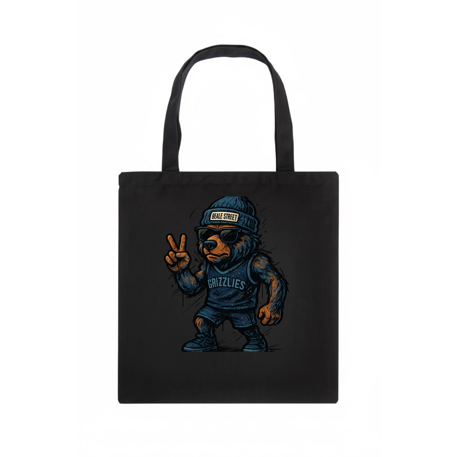 Memphis Grizzly Bear wearing Grizzlies navy and light blue beanie with Beale Street - Tote Bag - dark
