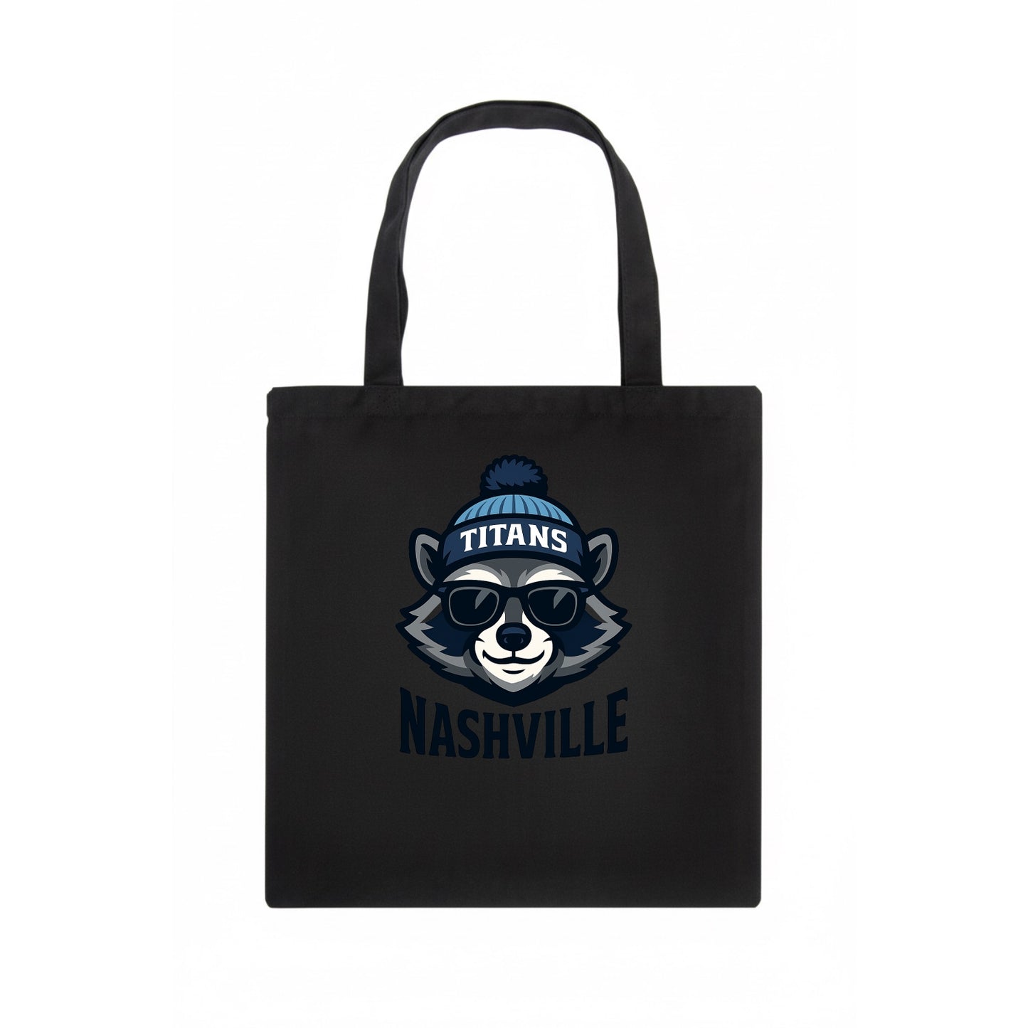 Nashville Raccoon wearing Titans navy and light blue beanie with pom pom and wayfarer - Tote Bag - dark